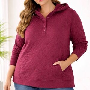 Lands’ End Burgundy Hoodie XXL NWT Quilted Knit Henley Hooded Pullover Plus Size